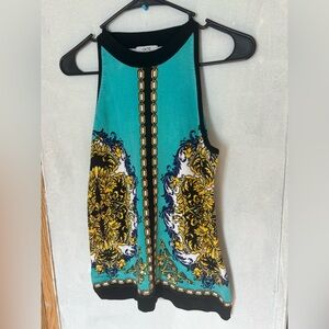 Vintage Caché Baroque Chain Print Halter Top - Turquoise Yellow Black - Size M
